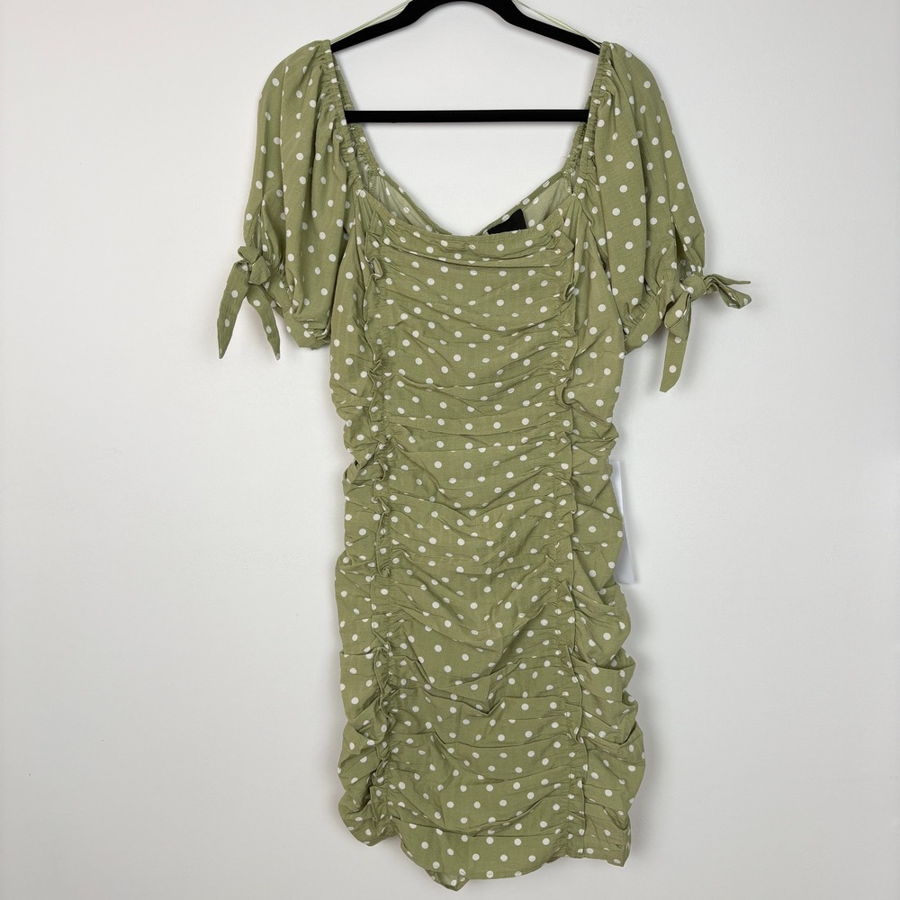 Lumiere Womens Polka Dot Ruched Puff Sleeve Mini Dress Size L Green Cottagecore
